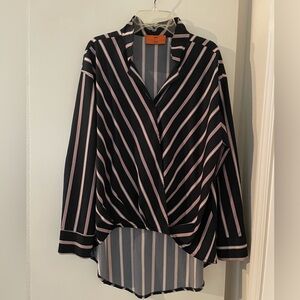 S: Navy Blue/White Striped Long Sleeve Top Blouse Lightweight Gathered Waist